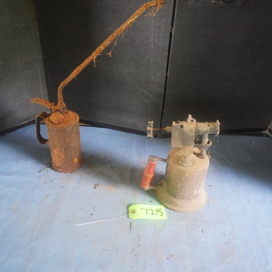 OLD RR OIL CAN AND BRASS BLOW TORCH