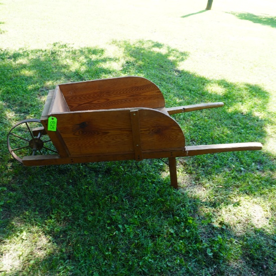 OLD WOODEN WHEEL BARREL W/ STEEL WHEEL