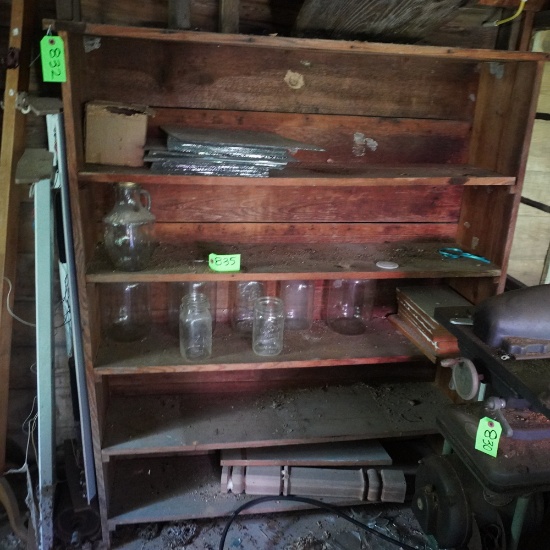OLD PINE SHELF AND CONTENTS