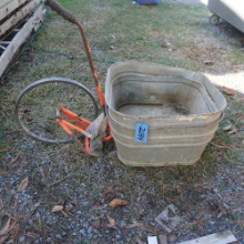 MEASURING WHEEL AND SQUARE METAL TUB