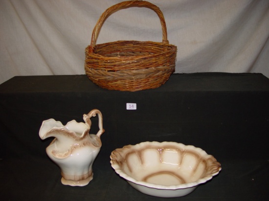 Wicker basket and ceramic bowl with pitcher 4 pics