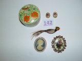 Painted on porcelain pin with matching ear rings,