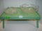 Folding wood bed tray table, glass bowl and glass serving dish