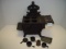 Old Mountain miniature cast iron stove with cookware. Some broken parts as-is