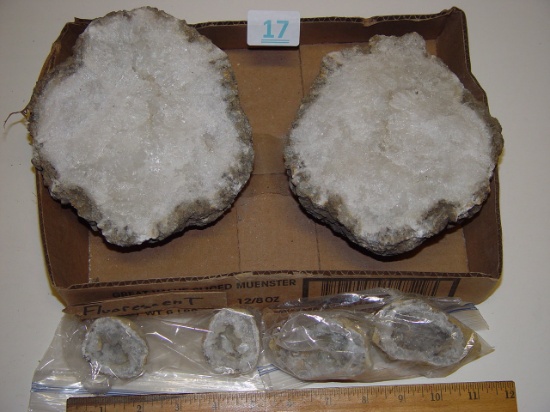 Geode lot. Geodes in bag are fluorescent