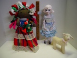 Mixed lot cloth doll, sheep and plastic doll with moveable joints 13”