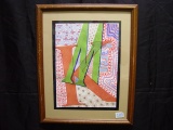 Framed and matted painting/collage “Karen” by local artist Linda Auman 21x17