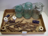 Vintage hand made square nails, insulators and 3 fruit jars