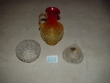 Rubina hobnail pitcher, Fenton frog and Fenton dish