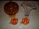 Piece of Candlewick, covered compote and other iridescent glass