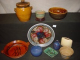 Fun job lot of pottery. Large brown bowl has crack as-is