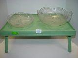 Folding wood bed tray table, glass bowl and glass serving dish