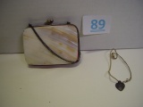 Mother of Pearl purse and heart necklace 3 pics