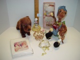 Mixed lot Articulated mechanical dog, Victorian note cards, bead basket, doll bell and others
