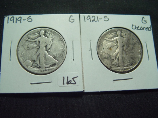 Pair of Walking Liberty Halves: 1919-S  Good & 1921-S  Cleaned Good