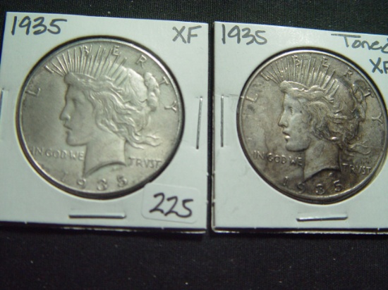 Pair of XF 1935 Peace Dollars- One is toned