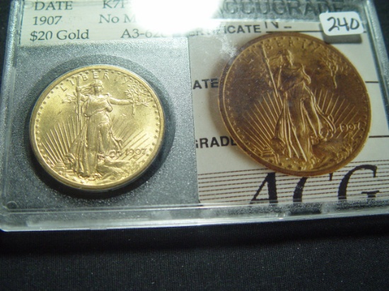 1907 No Motto $20 St. Gaudens  AU in Vintage Accugrade Holder