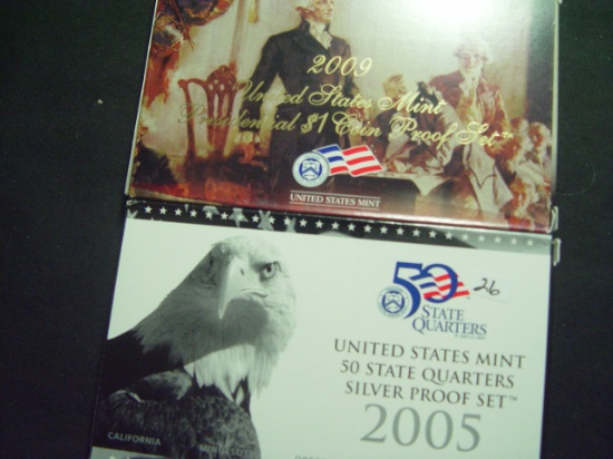 Pair of Proof Sets: 2005 Silver Quarters & 2009 Presidential Dollars