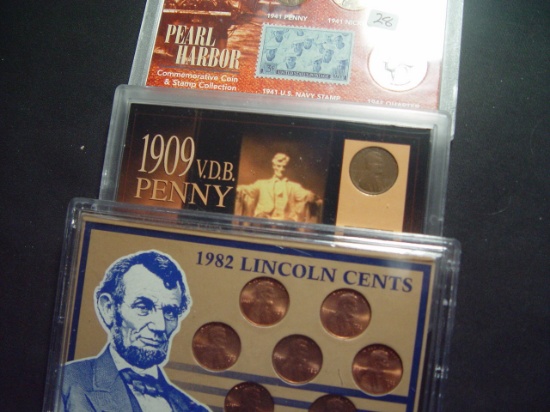 Three Coin Sets: Pearl Harbor Commemorative, 1909 VDB Cent, Seven Types of 1982 Lincoln Cents