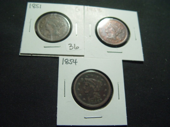 Three Average Circulated Large Cents: 1851, 1853, 1854