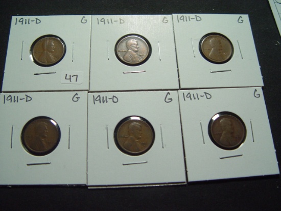 Six Good 1911-D Lincoln Cents