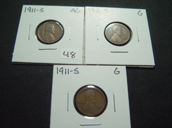 Three 1911-S Lincoln Cents: Two Goods and an AG