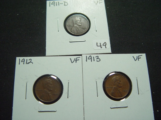 Three Early VF Lincoln Cents: 1911-D, 1912, 1913