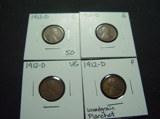 Four 1912-D Lincoln Cents: Two Goods, a VG and Fine with a woodgrain planchet