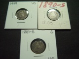 Three Avg. Circulated Seated Dimes: 1887-S, 1889, 1890-S
