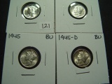 Four BU Mercury Dimes: (2) 1944, 1945, 1945-D