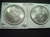 Pair of 1890 Unc. Morgan Dollars: One has reverse tarnish, the other has been cleaned