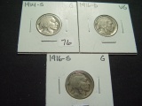 Three Early Mintmarked Buffalo Nickels: 1914-S, 1916-D, 1916-S