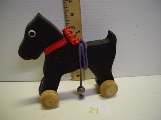 Vintage wood pull toy fuzzy Dog