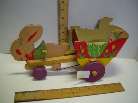 Vintage wood push/pull toy Rabbit with wagon