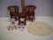 Wicker toy chairs and table, doily, Hermann-Teddy brand toy dishes 2 pics