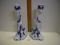 Pair of hand painted signed Portugal blue & white candlestick holders