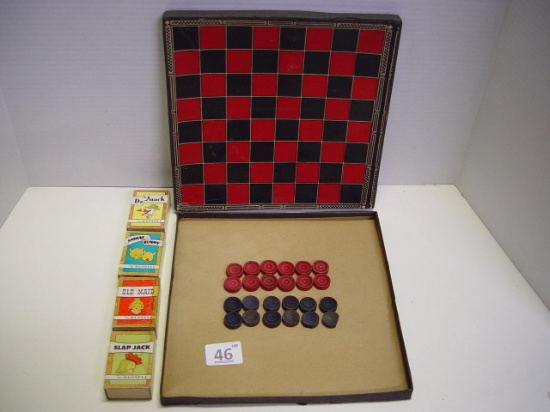 Vintage lot- set of 4 Russell boxes only and cardboard Checkers board with wood checkers