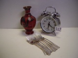Job lot- Alarm clock (works), 8 Rogers silver plate forks, Asian Cloisonne vase
