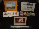 RR lot- Framed prints, 34 post cards, Union Pacific tray, calendars, schematic drawing