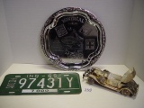 Mixed lot- Canadian tray, 1965 license plate, die-cast car marked 155 (silver plated ??)