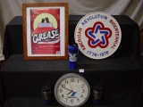 Mixed lot- Valvoline clock and mugs, framed Grease poster (20x16), plaster plaque 17”