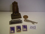 Fun job lot- Century of Progress thermometer and coin, 1939 stamps, bottle opener, lead ingot