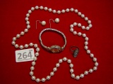 Jewelry lot- Sterling ring, Quartz watch w/ Jap.movt., Faux pearl necklace and earrings