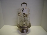 Vintage cruet 5 etched glass condiment caddy. 1 etched glass has crack / repaired