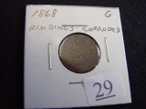 1868 Indian Head Cent, Rim Dings Corroded