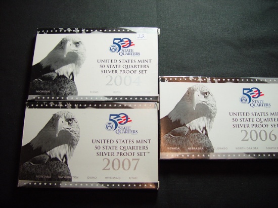 Three Silver Statehood Quarter Proof Sets: 2004, 2006, 2007