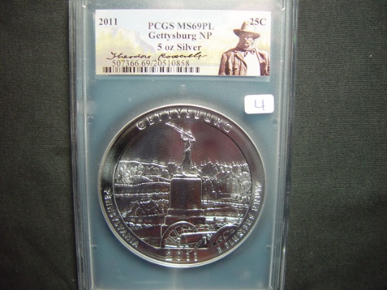 2011 5 Oz. Silver Gettysburg National Park  PCGS MS 69PL