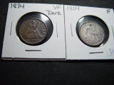 Pair of Seated Quarters:  1854 Fine & 1874 Dark VF