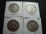 Four Walking Liberty Halves: 1917, 1918-S, 1920-D, 1933-S