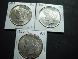 Three Peace Dollars: 1922  BU, 1922-D  BU, 1922-S  AU